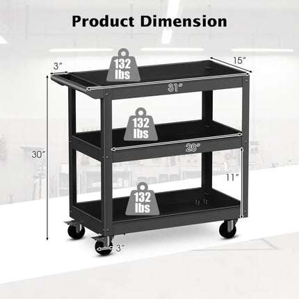 3-Tier Metal Utility Cart Trolley Tool with Flat Handle and 2 Lockable Universal Wheels-Black - Black - Garages