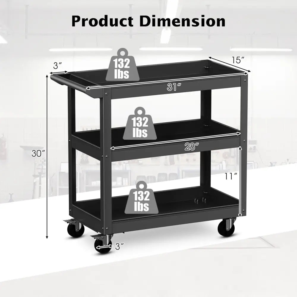 3-Tier Metal Utility Cart Trolley Tool with Flat Handle and 2 Lockable Universal Wheels-Black - Black - Garages