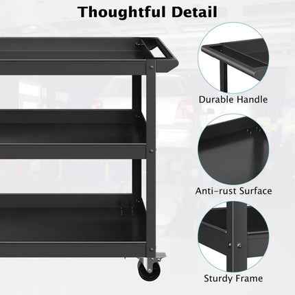 3-Tier Metal Utility Cart Trolley Tool with Flat Handle and 2 Lockable Universal Wheels-Black - Black - Garages