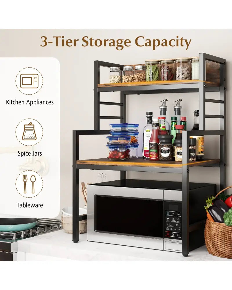 3-Tier Microwave Stand with 2 Open Shelves and Heavy-duty Metal Frame-Rustic Brown - Rustic Brown - Baker’s Racks