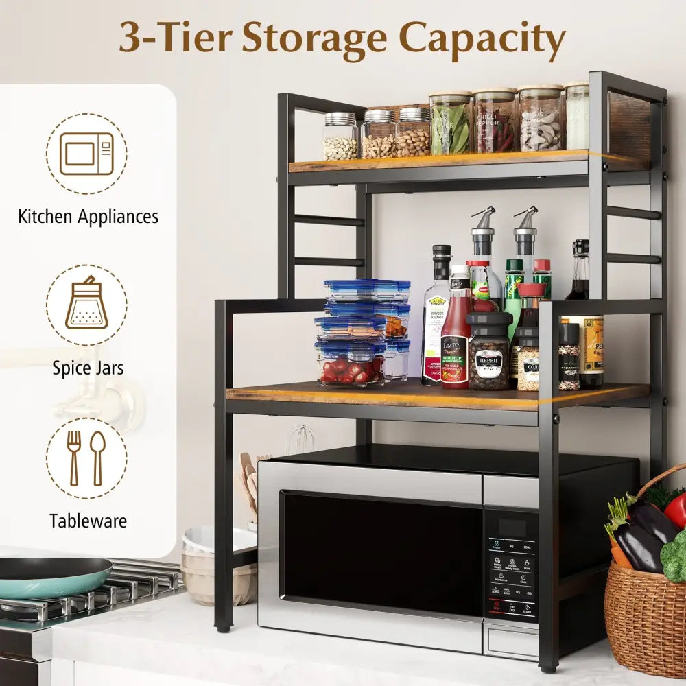 3-Tier Microwave Stand with 2 Open Shelves and Heavy-duty Metal Frame-Rustic Brown - Rustic Brown - Baker’s Racks