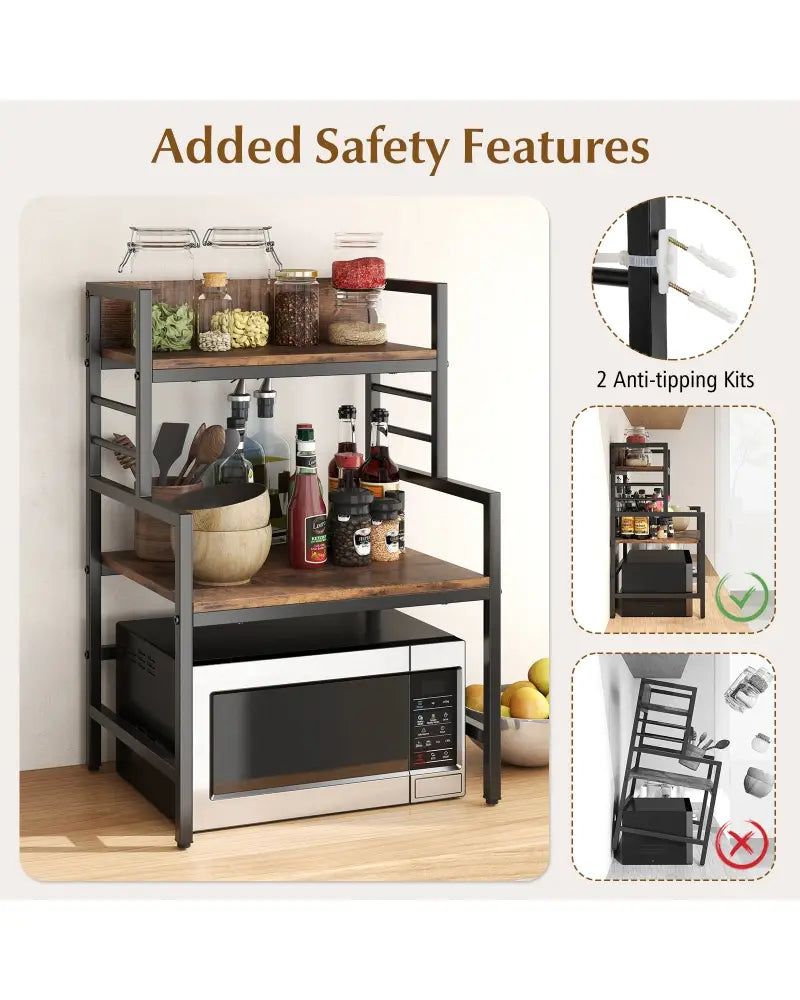 3-Tier Microwave Stand with 2 Open Shelves and Heavy-duty Metal Frame-Rustic Brown - Rustic Brown - Baker’s Racks