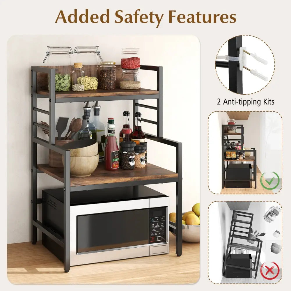 3-Tier Microwave Stand with 2 Open Shelves and Heavy-duty Metal Frame-Rustic Brown - Rustic Brown - Baker’s Racks