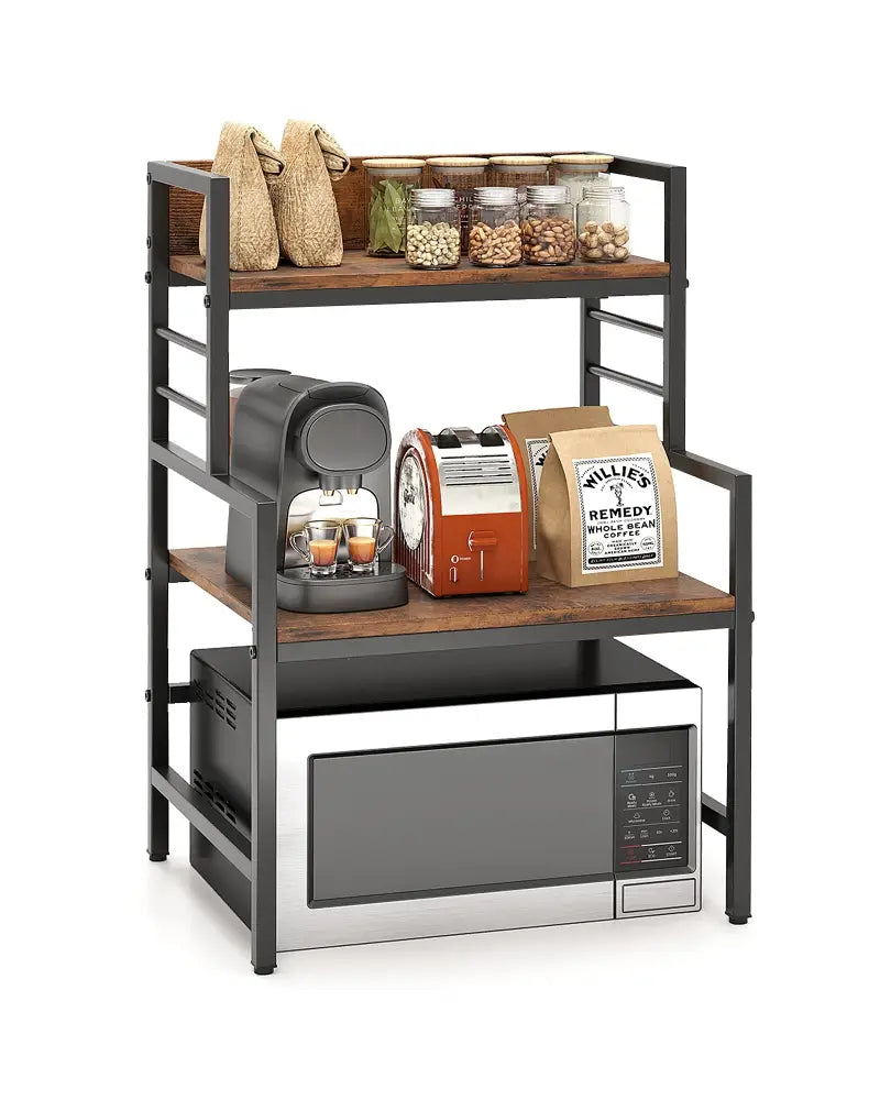 3-Tier Microwave Stand with 2 Open Shelves and Heavy-duty Metal Frame-Rustic Brown - Rustic Brown - Baker’s Racks