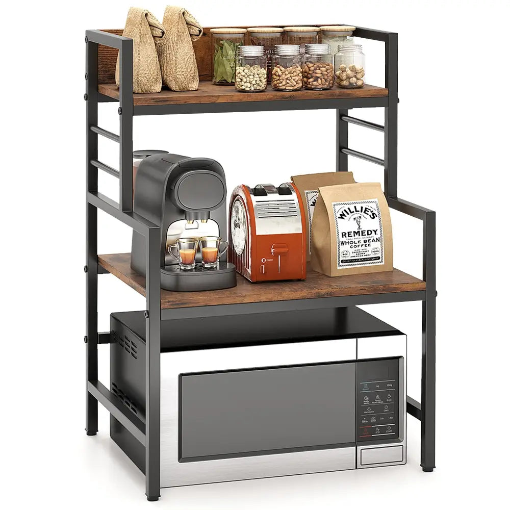3-Tier Microwave Stand with 2 Open Shelves and Heavy-duty Metal Frame-Rustic Brown - Rustic Brown - Baker’s Racks