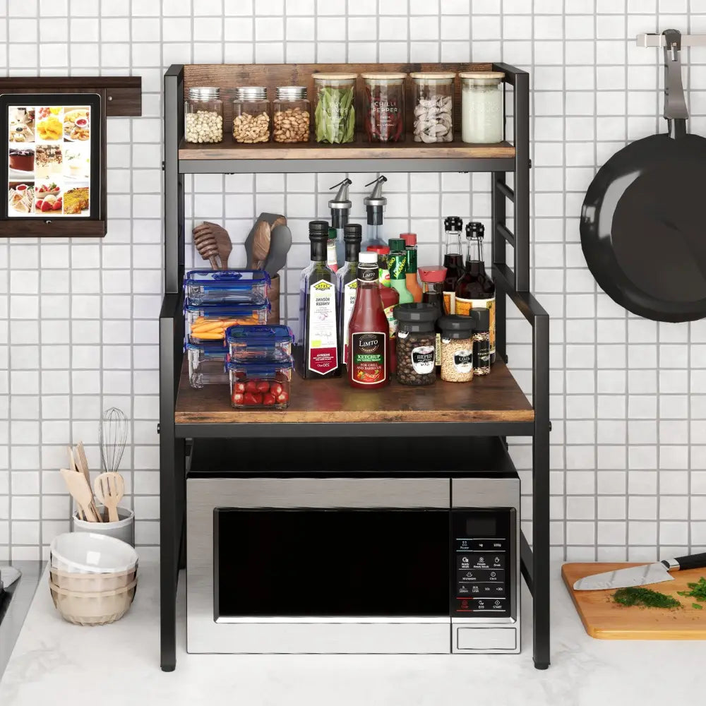 3-Tier Microwave Stand with 2 Open Shelves and Heavy-duty Metal Frame-Rustic Brown - Rustic Brown - Baker’s Racks