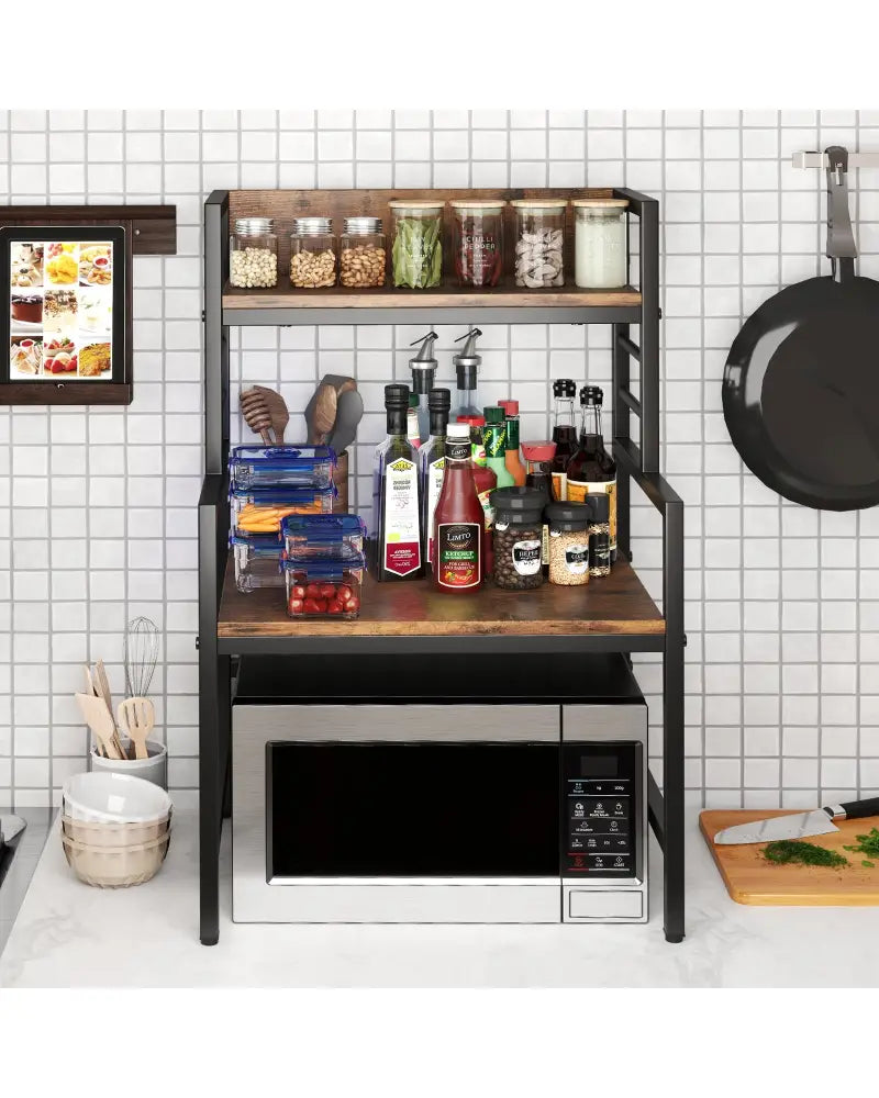3-Tier Microwave Stand with 2 Open Shelves and Heavy-duty Metal Frame-Rustic Brown - Rustic Brown - Baker’s Racks