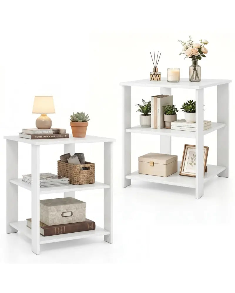 3-Tier Modern Nightstand Square Side Table with Open Storage Shelves Set of 2-White - White - End & Side Tables