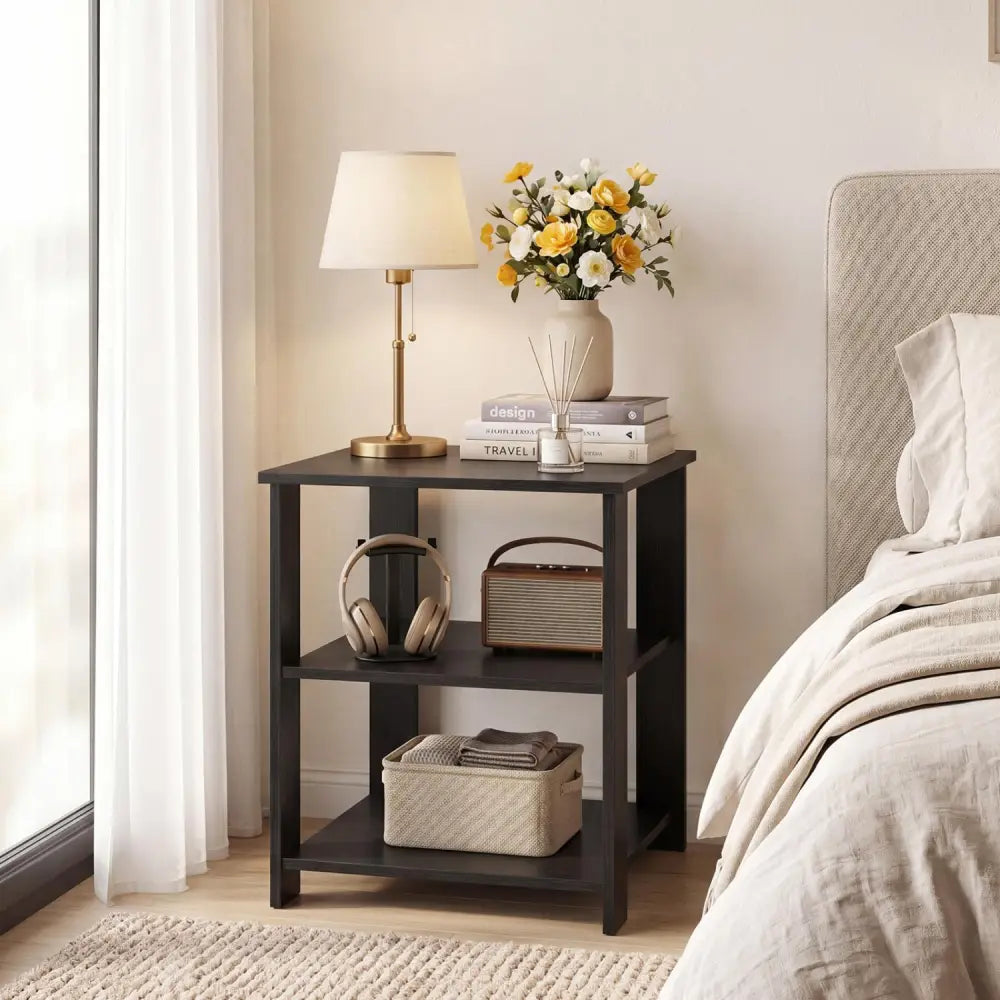3-Tier Modern Nightstand Square Side Table with Open Storage Shelves-Black - Black - End & Side Tables
