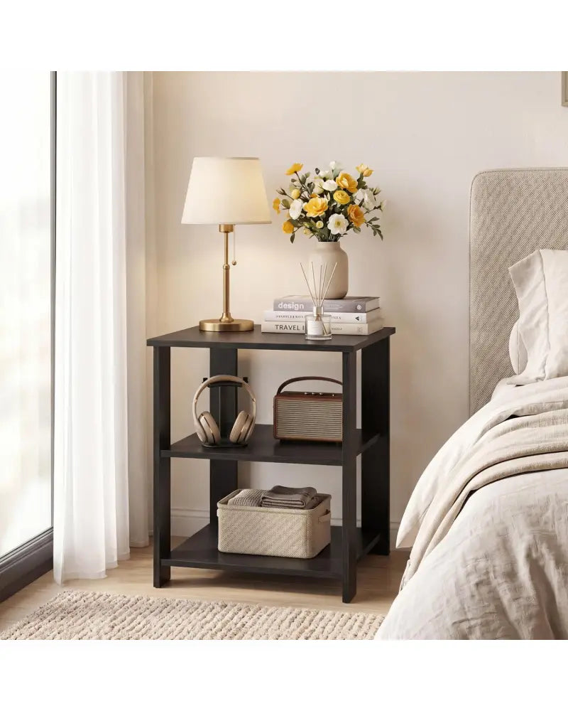 3-Tier Modern Nightstand Square Side Table with Open Storage Shelves-Black - Black - End & Side Tables
