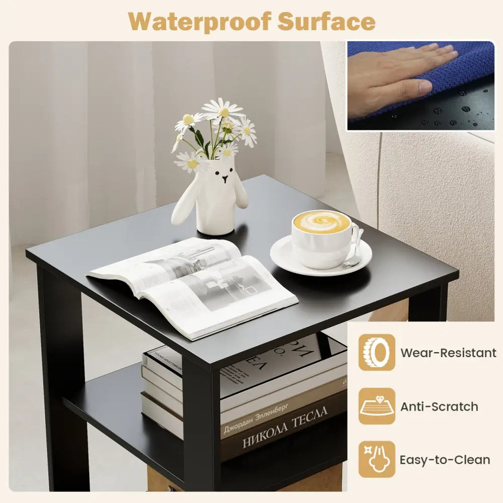 3-Tier Modern Nightstand Square Side Table with Open Storage Shelves-Black - Black - End & Side Tables