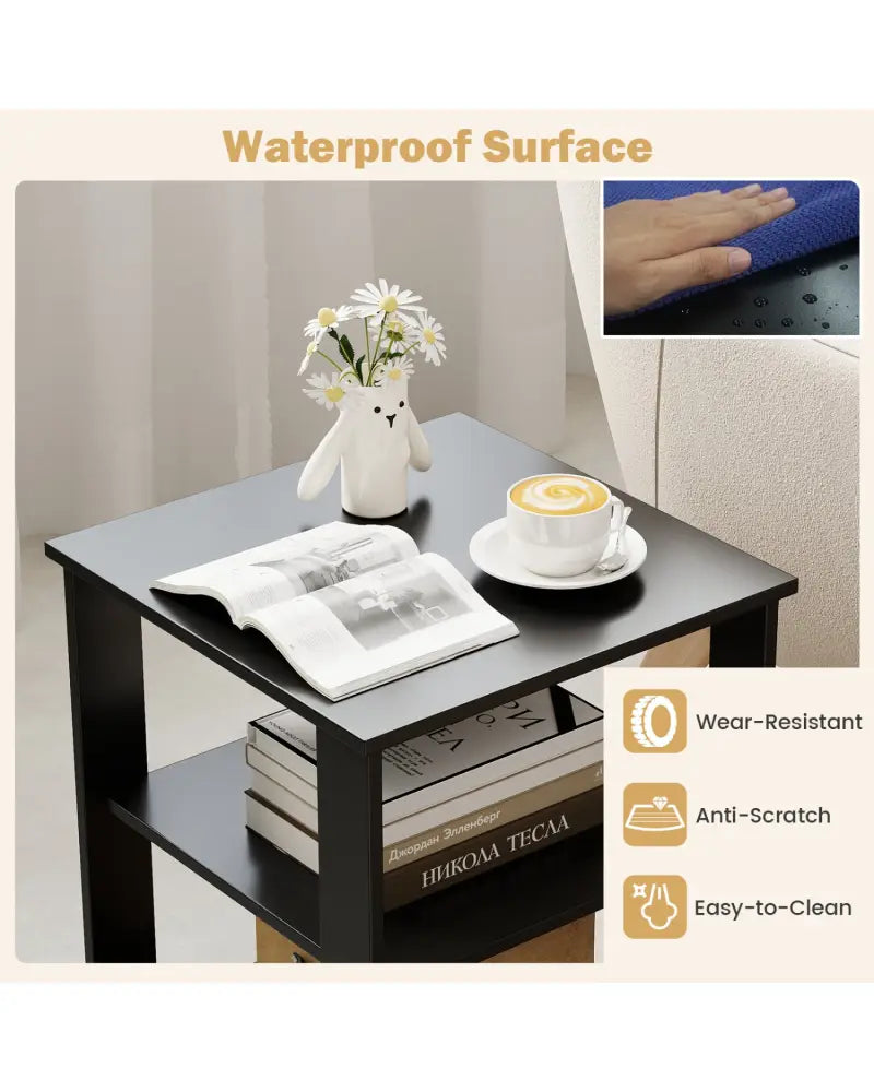 3-Tier Modern Nightstand Square Side Table with Open Storage Shelves-Black - Black - End & Side Tables