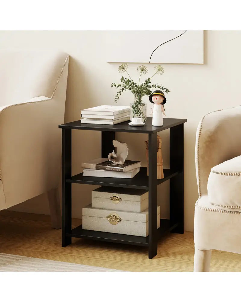 3-Tier Modern Nightstand Square Side Table with Open Storage Shelves-Black - Black - End & Side Tables