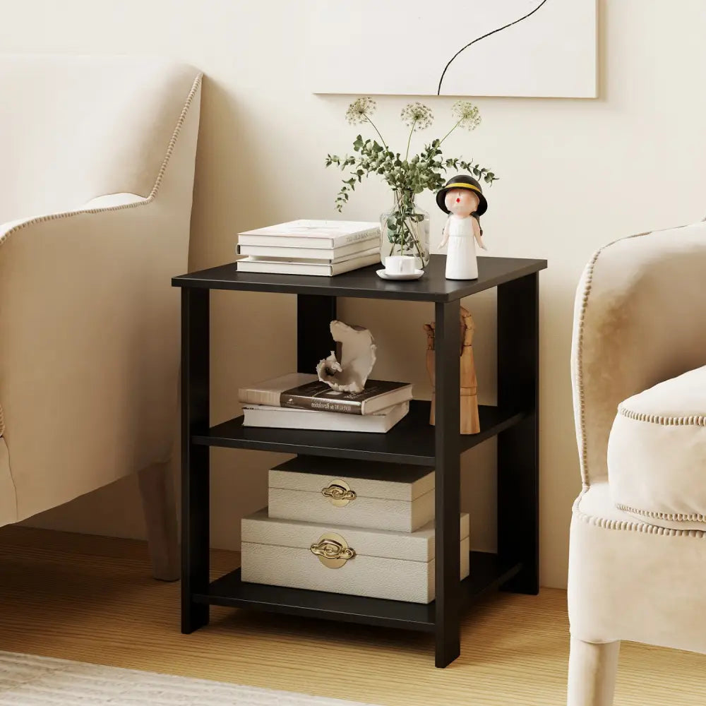 3-Tier Modern Nightstand Square Side Table with Open Storage Shelves-Black - Black - End & Side Tables