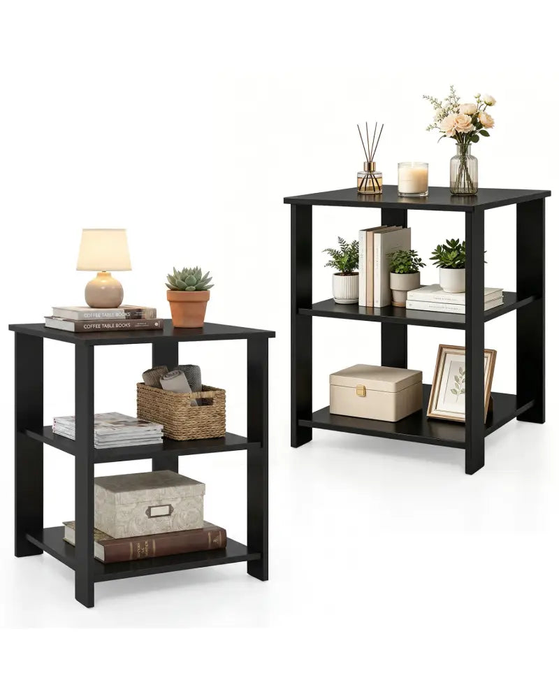 3-Tier Modern Nightstand Square Side Table with Open Storage Shelves Set of 2-Black - Black - End & Side Tables