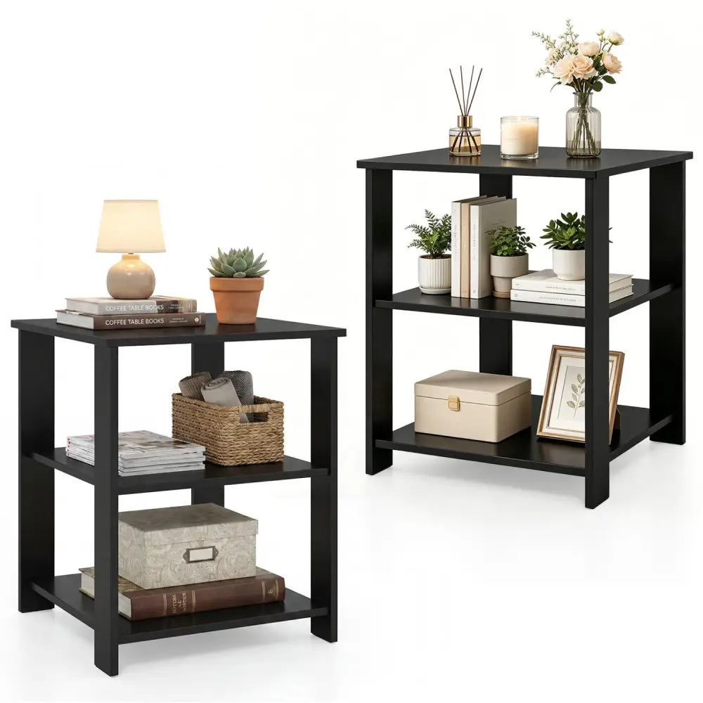 3-Tier Modern Nightstand Square Side Table with Open Storage Shelves Set of 2-Black - Black - End & Side Tables