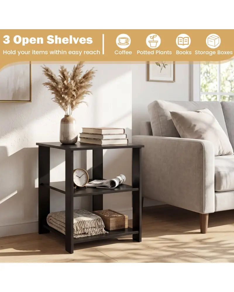 3-Tier Modern Nightstand Square Side Table with Open Storage Shelves-Black - Black - End & Side Tables