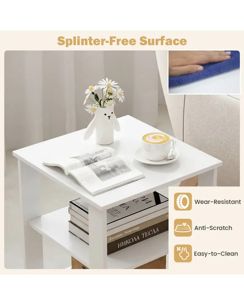 3-Tier Modern Nightstand Square Side Table with Open Storage Shelves-White - White - End & Side Tables