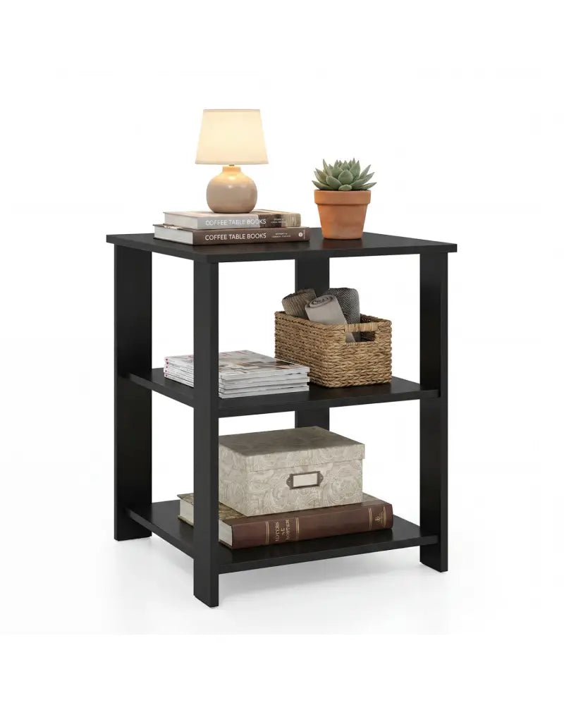 3-Tier Modern Nightstand Square Side Table with Open Storage Shelves-Black - Black - End & Side Tables