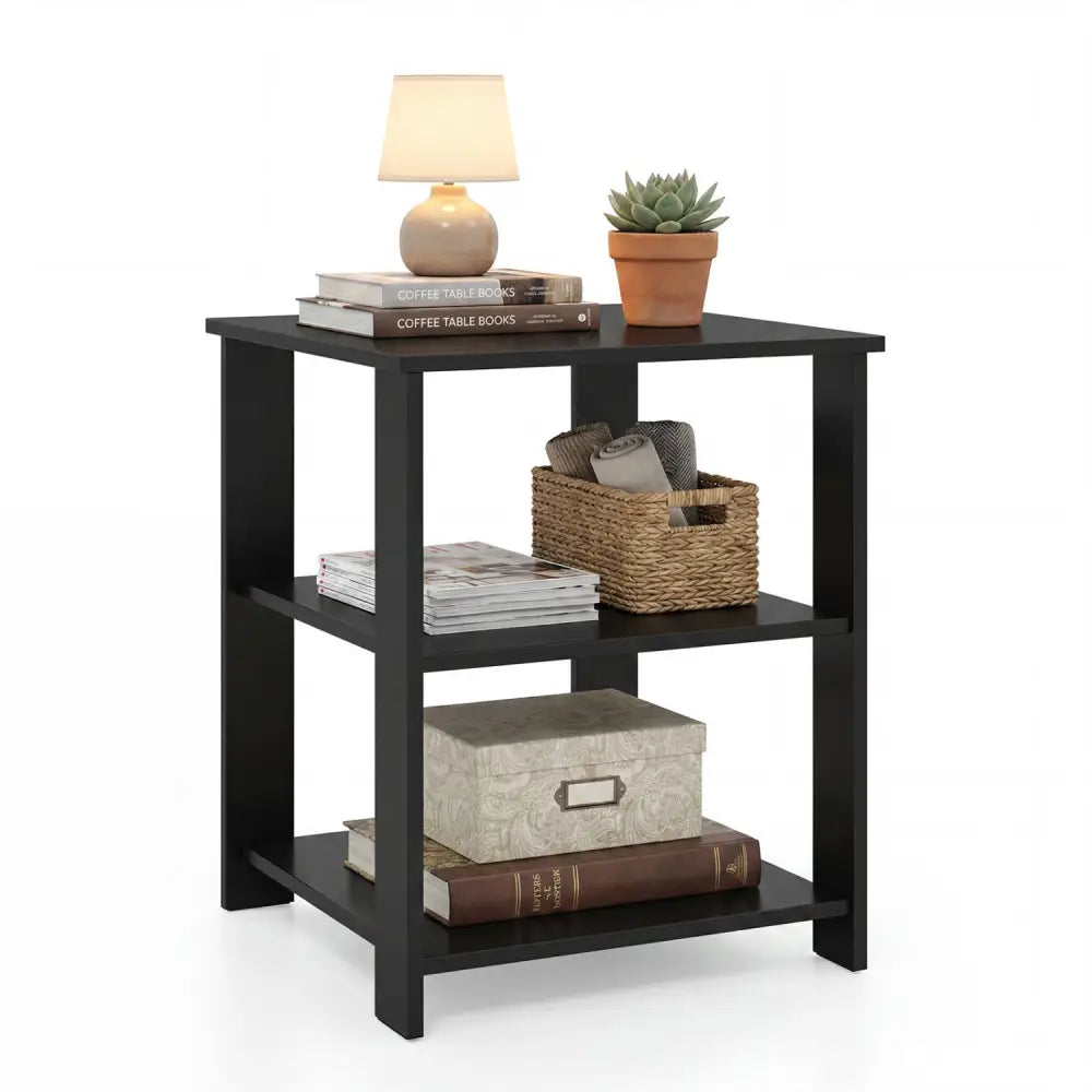 3-Tier Modern Nightstand Square Side Table with Open Storage Shelves-Black - Black - End & Side Tables
