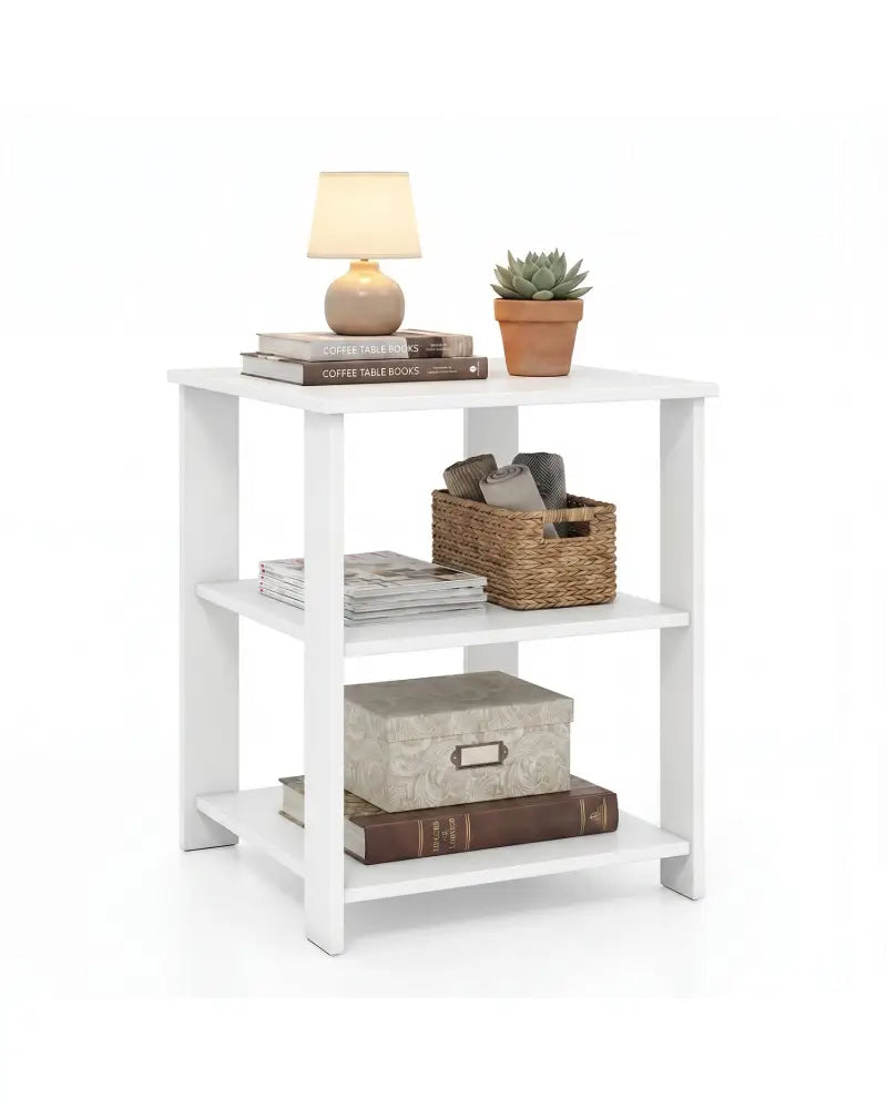 3-Tier Modern Nightstand Square Side Table with Open Storage Shelves-White - White - End & Side Tables