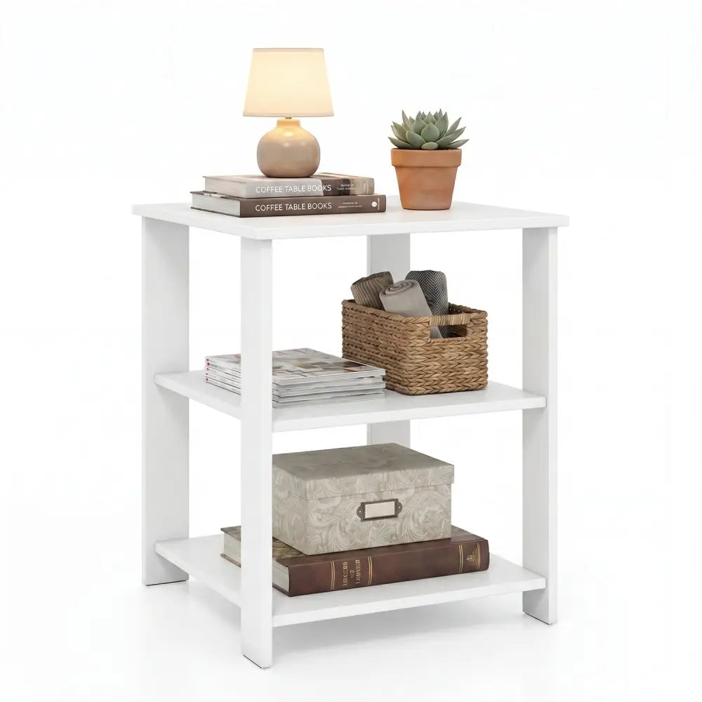 3-Tier Modern Nightstand Square Side Table with Open Storage Shelves-White - White - End & Side Tables