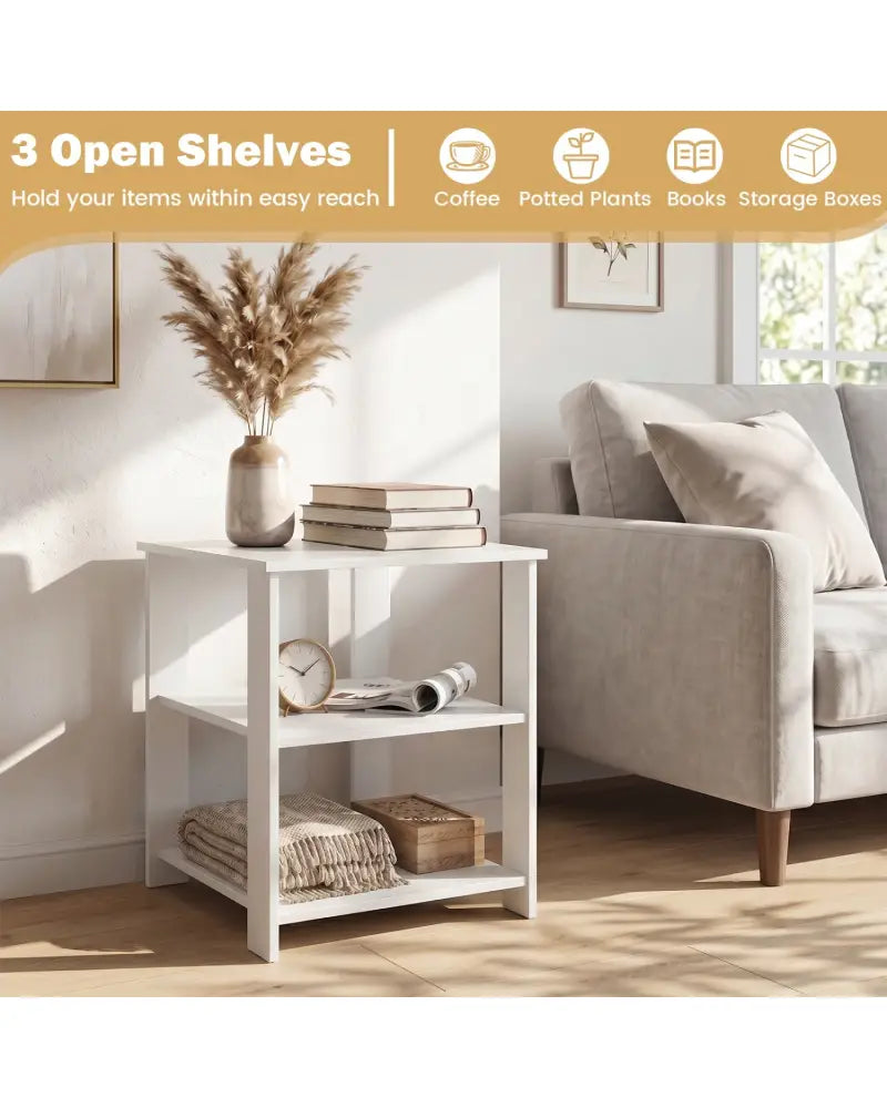 3-Tier Modern Nightstand Square Side Table with Open Storage Shelves Set of 2-White - White - End & Side Tables
