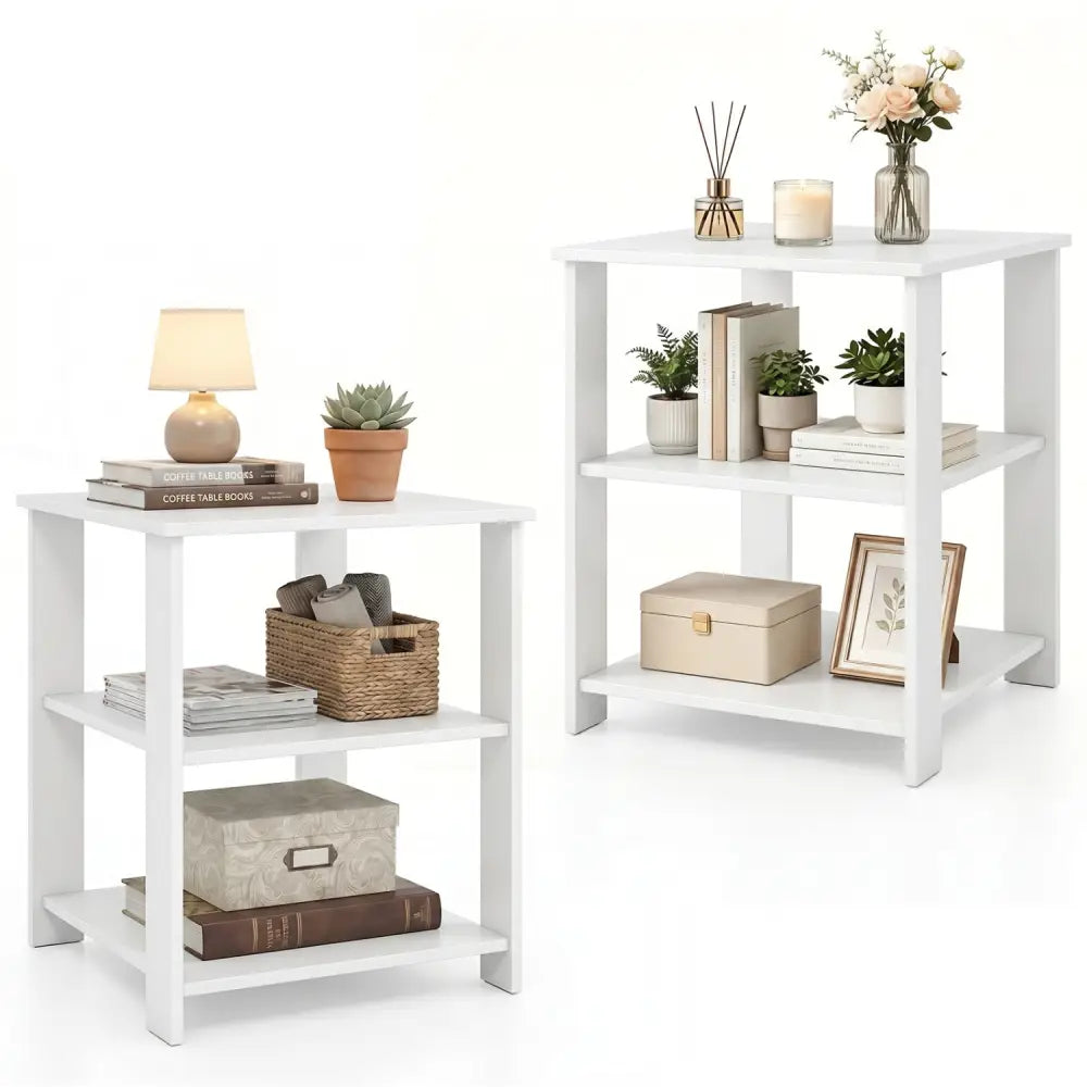 3-Tier Modern Nightstand Square Side Table with Open Storage Shelves Set of 2-White - White - End & Side Tables