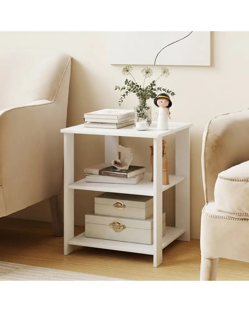 3-Tier Modern Nightstand Square Side Table with Open Storage Shelves-White - White - End & Side Tables