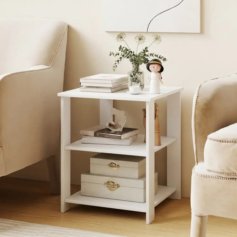 3-Tier Modern Nightstand Square Side Table with Open Storage Shelves-White - White - End & Side Tables