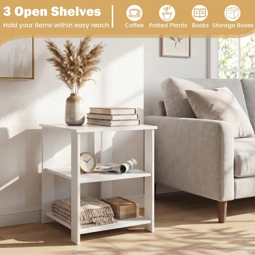 3-Tier Modern Nightstand Square Side Table with Open Storage Shelves Set of 2-White - White - End & Side Tables