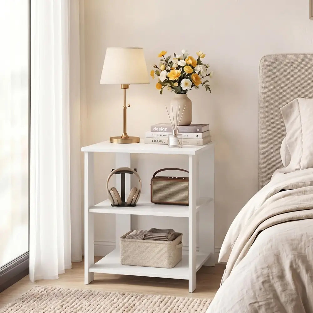 3-Tier Modern Nightstand Square Side Table with Open Storage Shelves-White - White - End & Side Tables