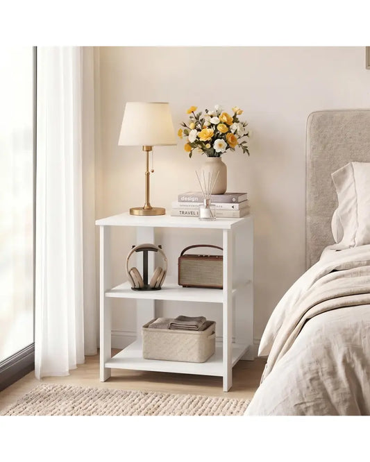 3-Tier Modern Nightstand Square Side Table with Open Storage Shelves-White - White - End & Side Tables