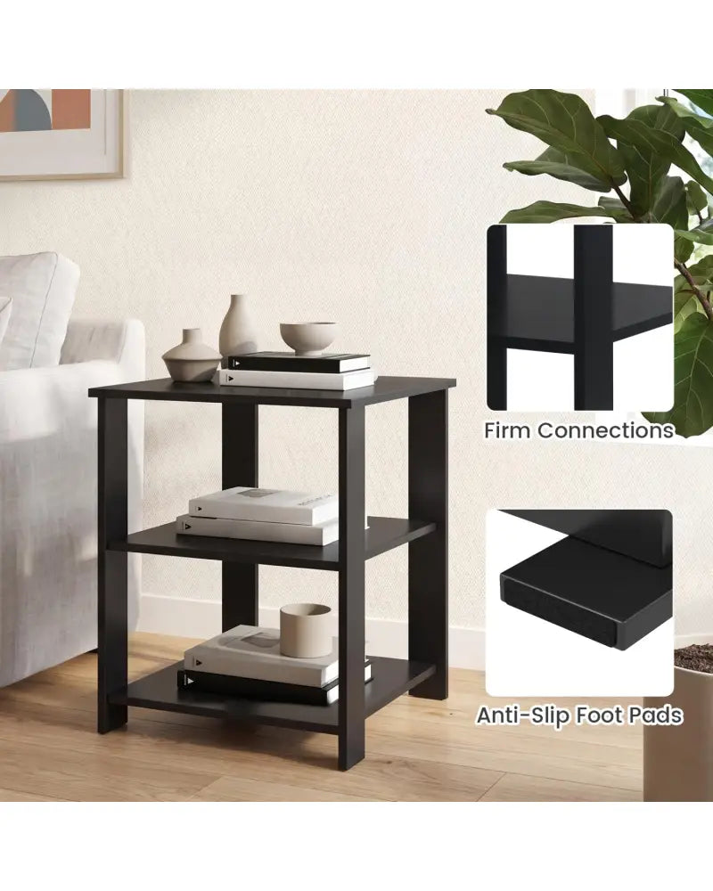 3-Tier Modern Nightstand Square Side Table with Open Storage Shelves-Black - Black - End & Side Tables