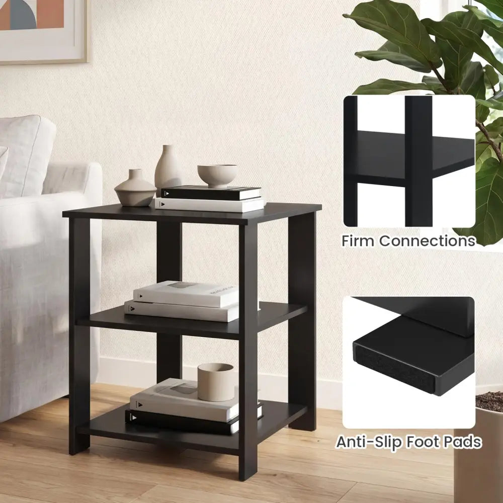 3-Tier Modern Nightstand Square Side Table with Open Storage Shelves-Black - Black - End & Side Tables
