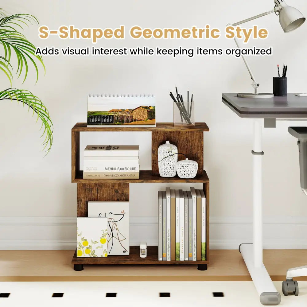 3-Tier Modern S-shaped Bookshelf with Adjustable Feet-Rustic Brown - Rustic Brown - Bookcases
