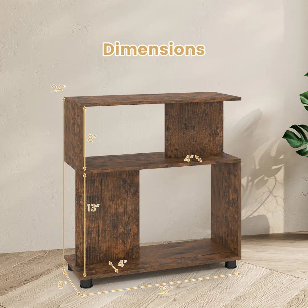 3-Tier Modern S-shaped Bookshelf with Adjustable Feet-Rustic Brown - Rustic Brown - Bookcases