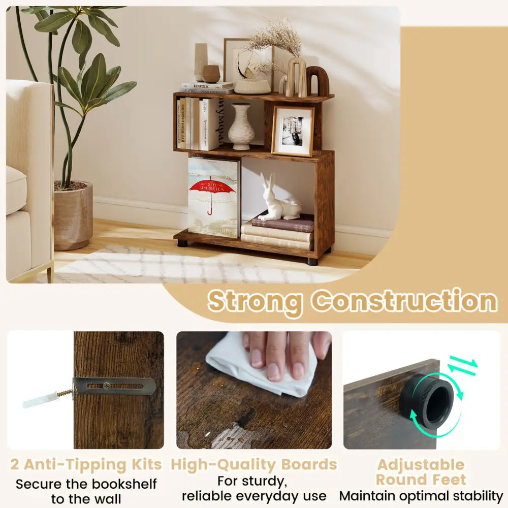 3-Tier Modern S-shaped Bookshelf with Adjustable Feet-Rustic Brown - Rustic Brown - Bookcases