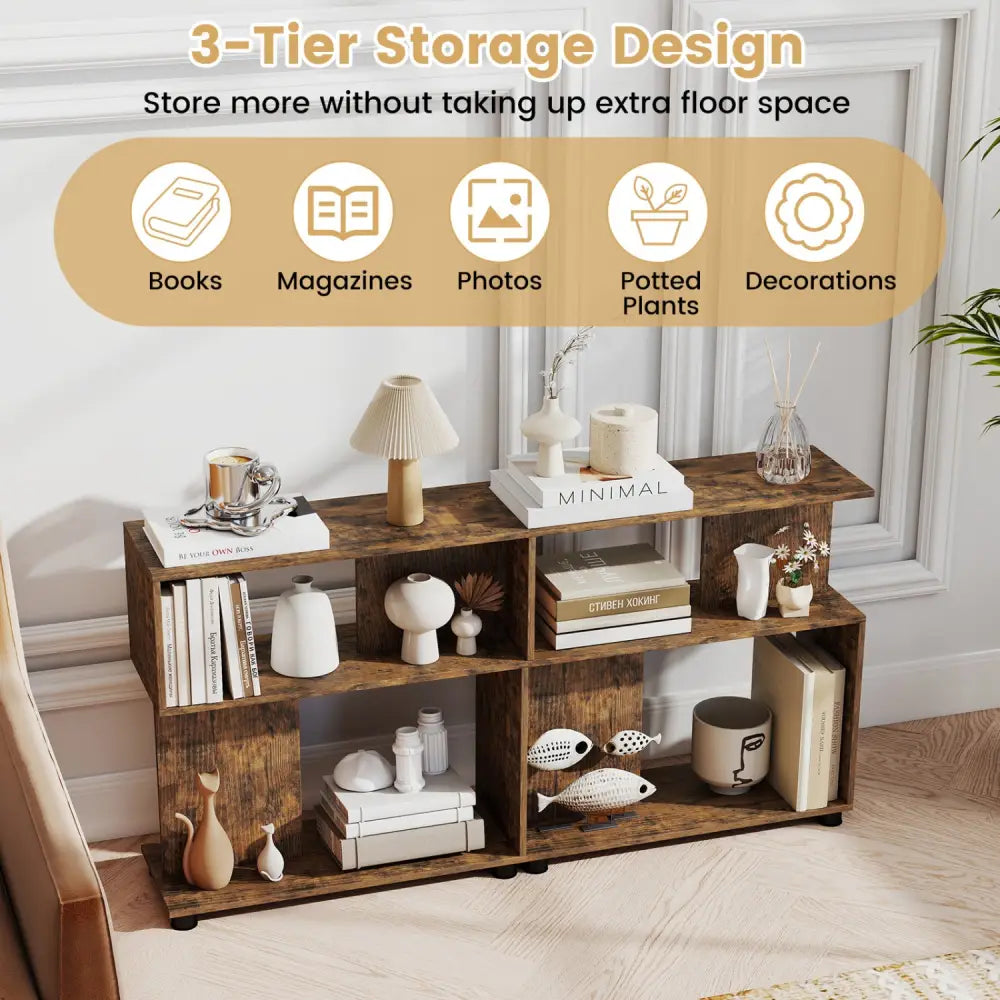 3-Tier Modern S-shaped Bookshelf with Adjustable Feet-Rustic Brown - Rustic Brown - Bookcases