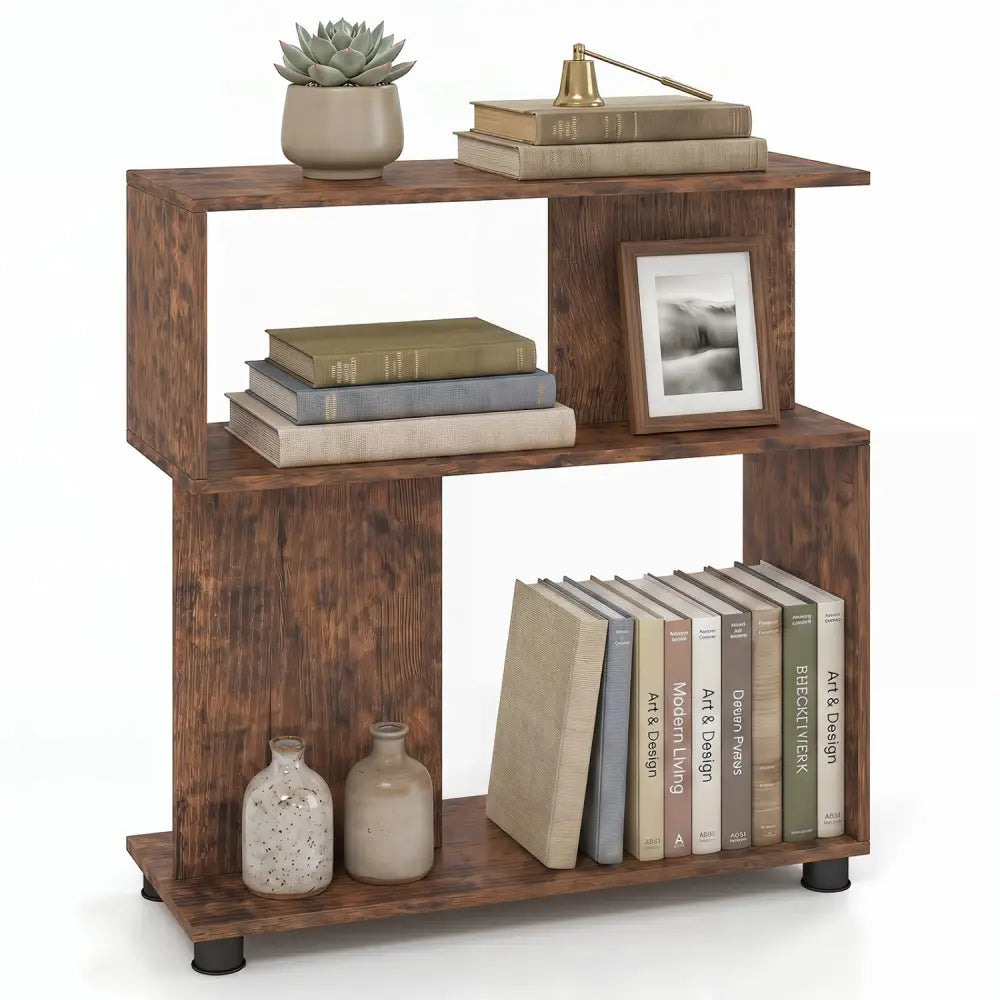 3-Tier Modern S-shaped Bookshelf with Adjustable Feet-Rustic Brown - Rustic Brown - Bookcases
