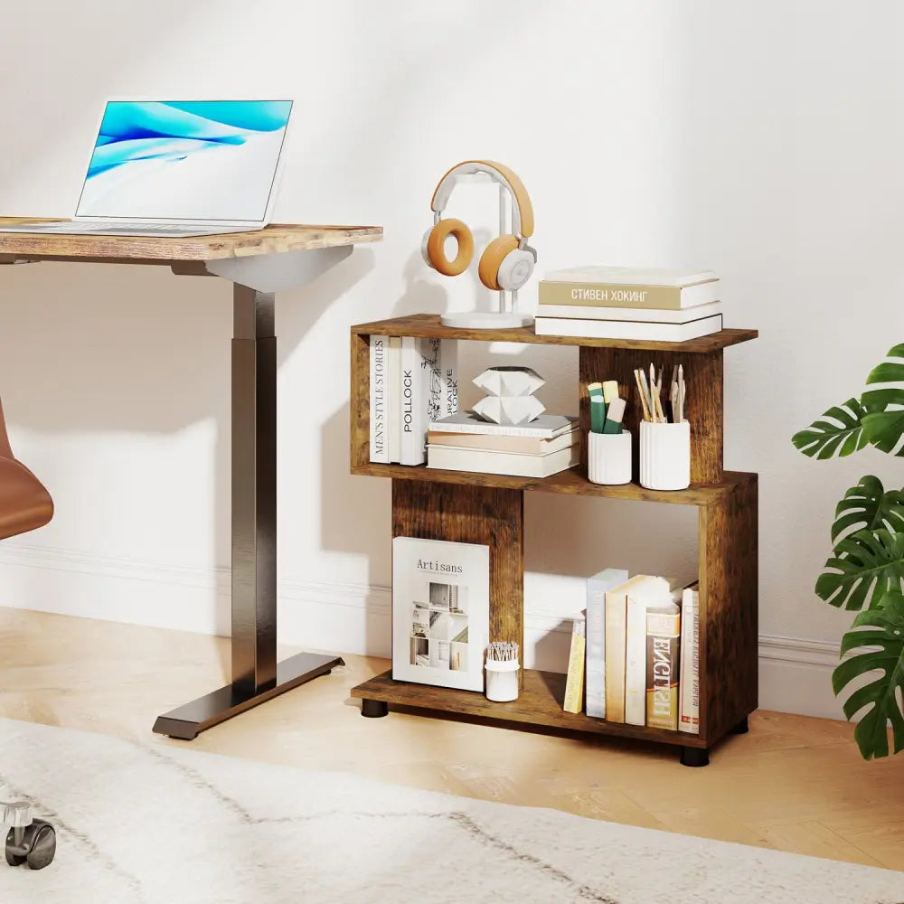 3-Tier Modern S-shaped Bookshelf with Adjustable Feet-Rustic Brown - Rustic Brown - Bookcases