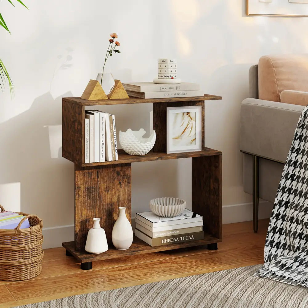 3-Tier Modern S-shaped Bookshelf with Adjustable Feet-Rustic Brown - Rustic Brown - Bookcases