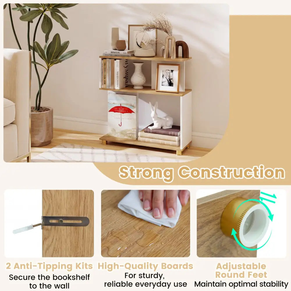 3-Tier Modern S-shaped Bookshelf with Adjustable Feet-White - White - Bookcases
