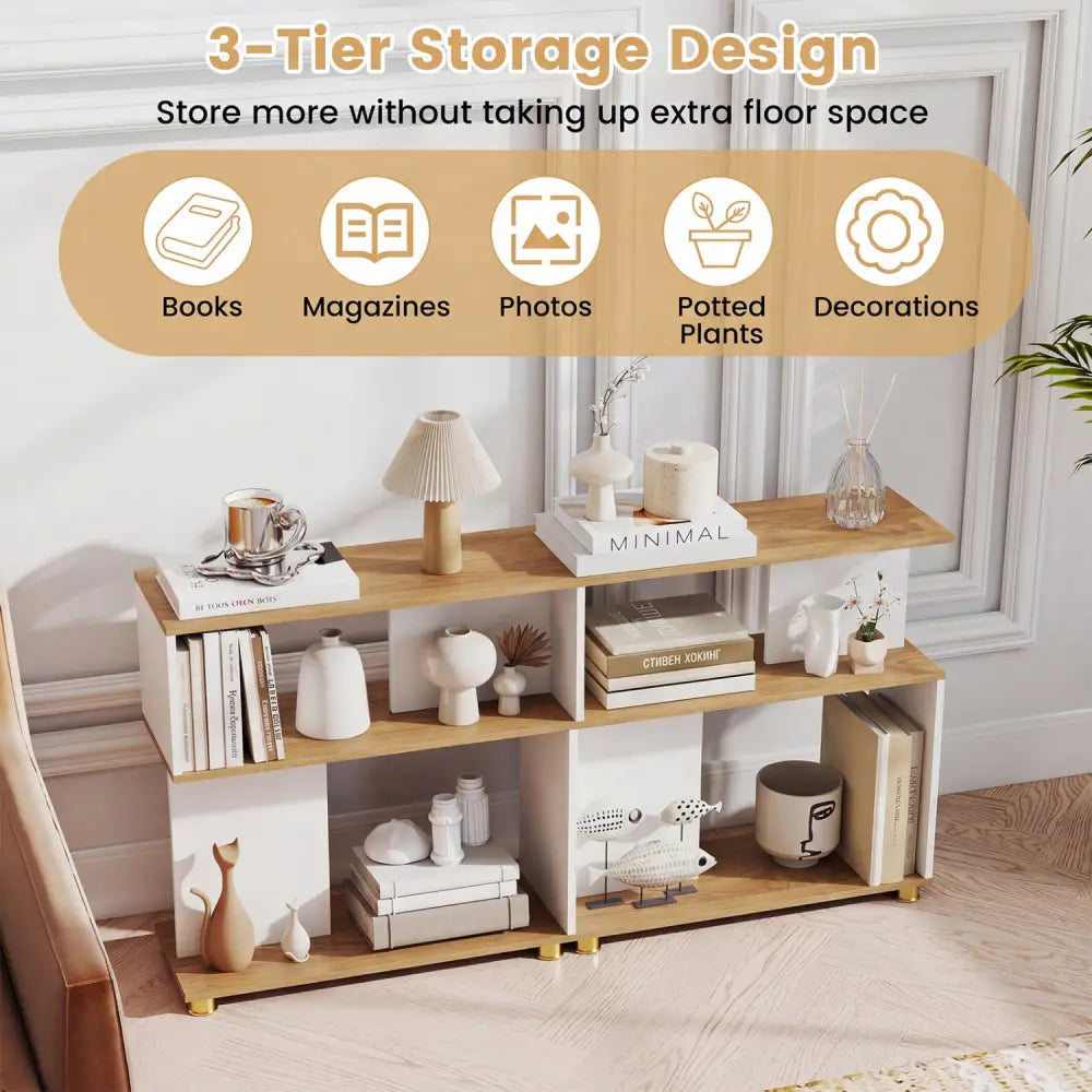 3-Tier Modern S-shaped Bookshelf with Adjustable Feet-White - White - Bookcases
