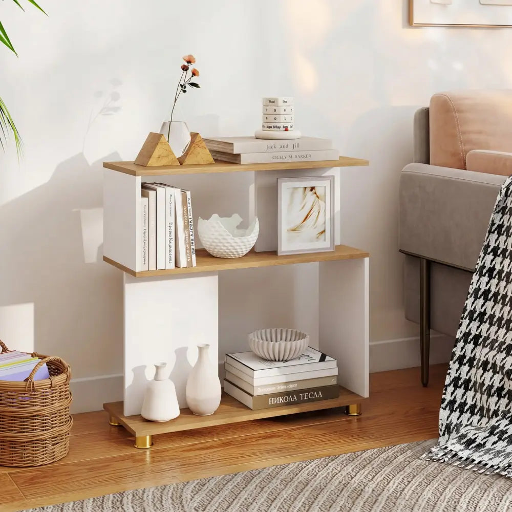 3-Tier Modern S-shaped Bookshelf with Adjustable Feet-White - White - Bookcases