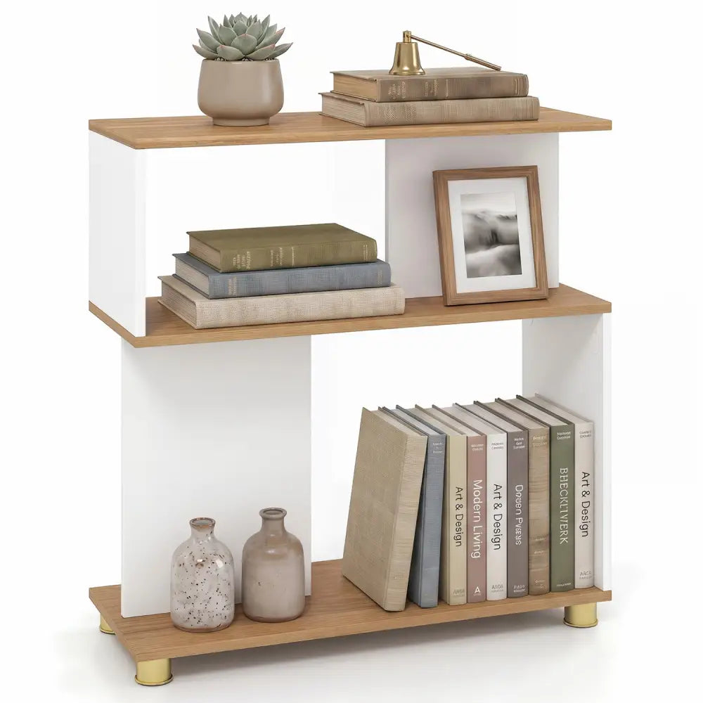 3-Tier Modern S-shaped Bookshelf with Adjustable Feet-White - White - Bookcases