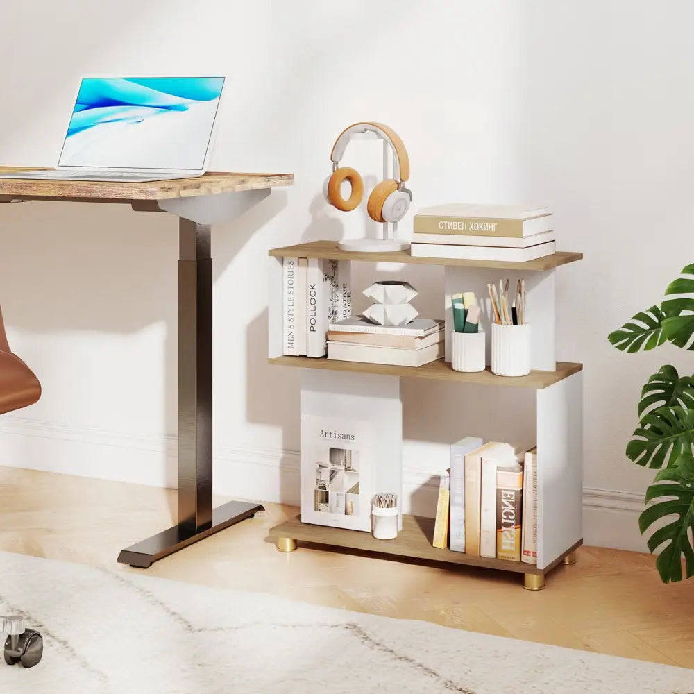 3-Tier Modern S-shaped Bookshelf with Adjustable Feet-White - White - Bookcases