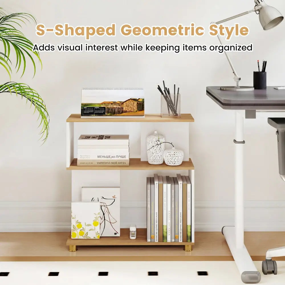3-Tier Modern S-shaped Bookshelf with Adjustable Feet-White - White - Bookcases