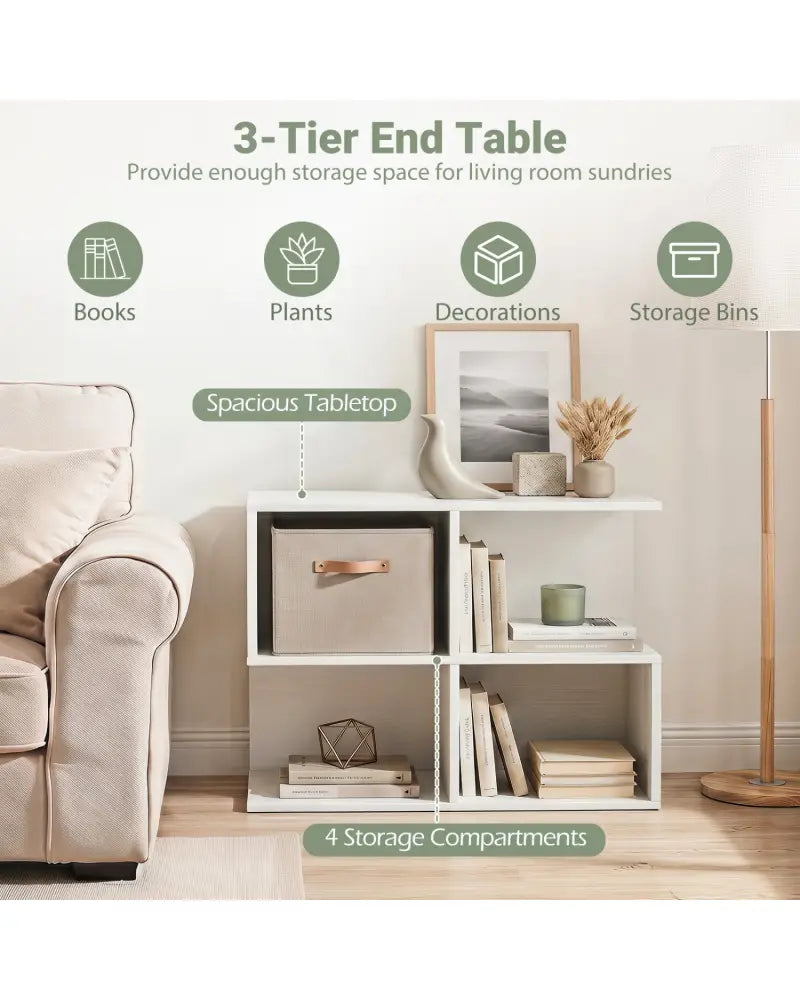 3-Tier Modern S-shaped End Table with 4 Storage Cubes-White - White - End & Side Tables