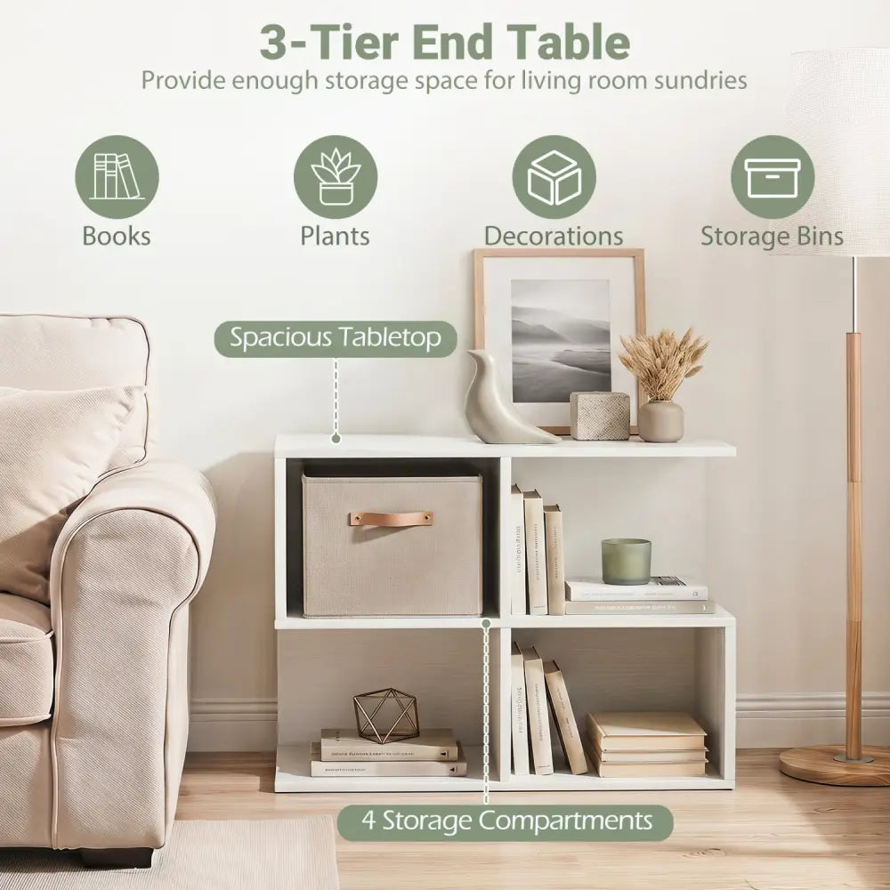 3-Tier Modern S-shaped End Table with 4 Storage Cubes-White - White - End & Side Tables